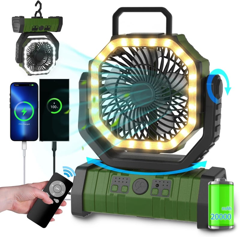 Adust Camping Battery Powered Fan with LED Light 20000mAh Rechargeable Portable, Oscillating Cordless USB Desk Fan with Rotation Hanging Hook for Tent, Canopy, Beach, Outdoor Travel(Green) - Image 1